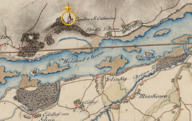 Mapa z czasów Imperium Habsburgów. Kościół św. Katarzyny w górnej części mapki. (Mapa Galicji i Lodomerii 1779-1783)