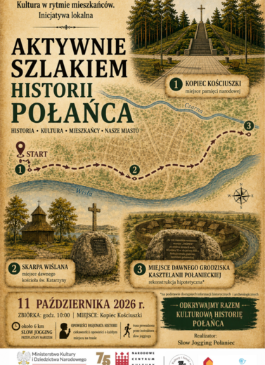 Plakat projektu &bdquo;Aktywnie Szlakiem Historii Połańca&rdquo; z ilustracjami historycznych miejsc Połańca, stylizowaną mapą miasta i informacją o wydarzeniu 11 października 2026 r.