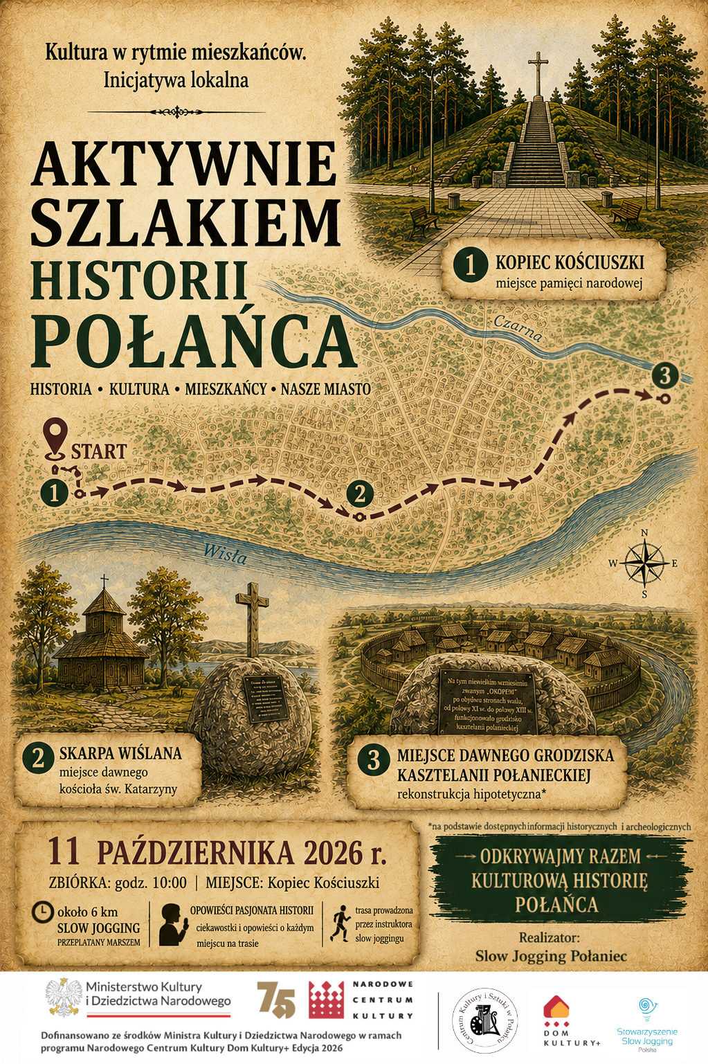 Plakat projektu &bdquo;Aktywnie Szlakiem Historii Połańca&rdquo; z&nbsp;ilustracjami historycznych miejsc Połańca, stylizowaną mapą miasta i&nbsp;informacją o&nbsp;wydarzeniu 11 października 2026 r