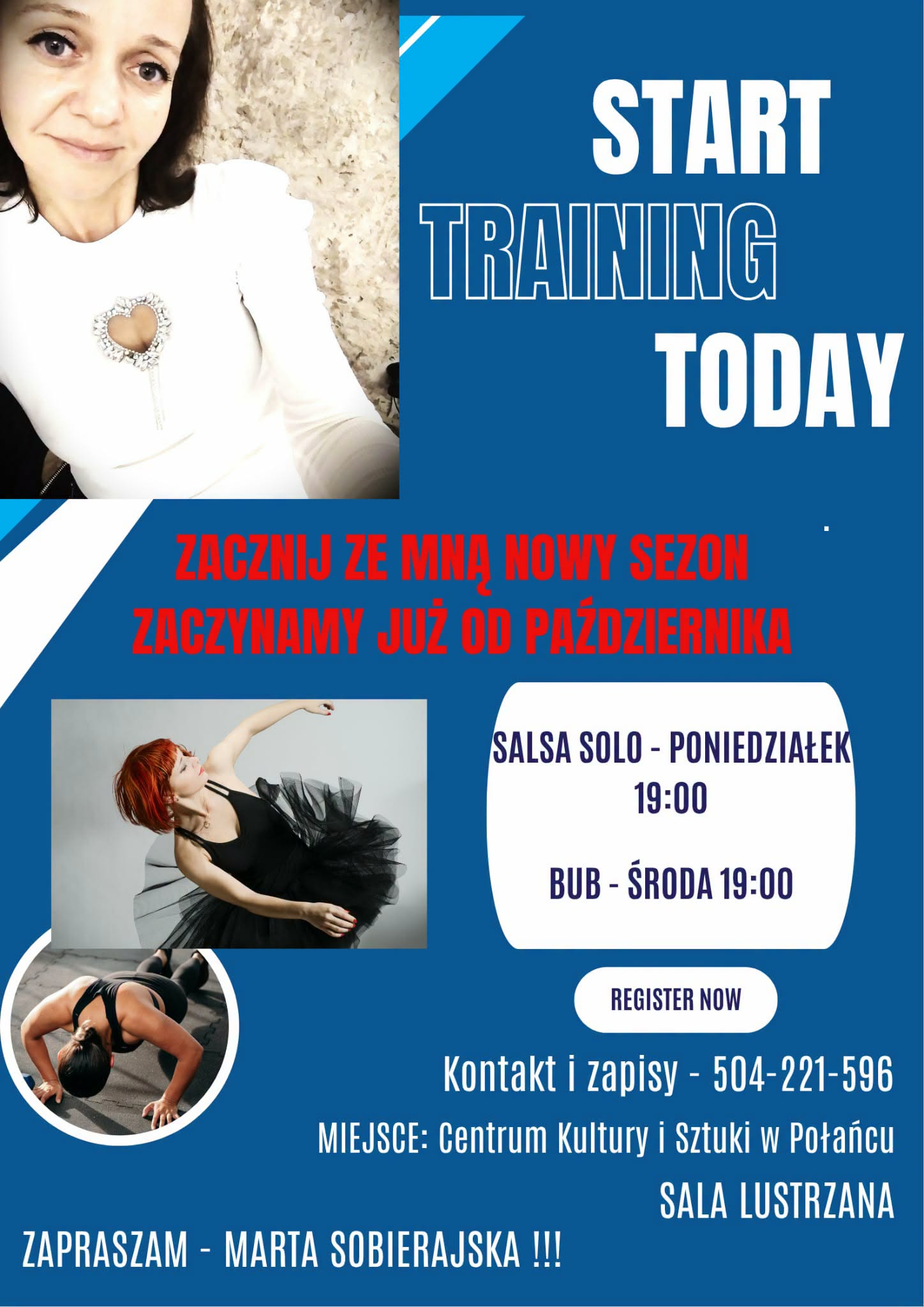 Plakat zapraszający na&nbsp;zajęcia taneczne Salsa Solo i&nbsp;BUB w&nbsp;Centrum Kultury i&nbsp;Sztuki w&nbsp;Połańcu, prowadzone przez Martę Sobierajską.
