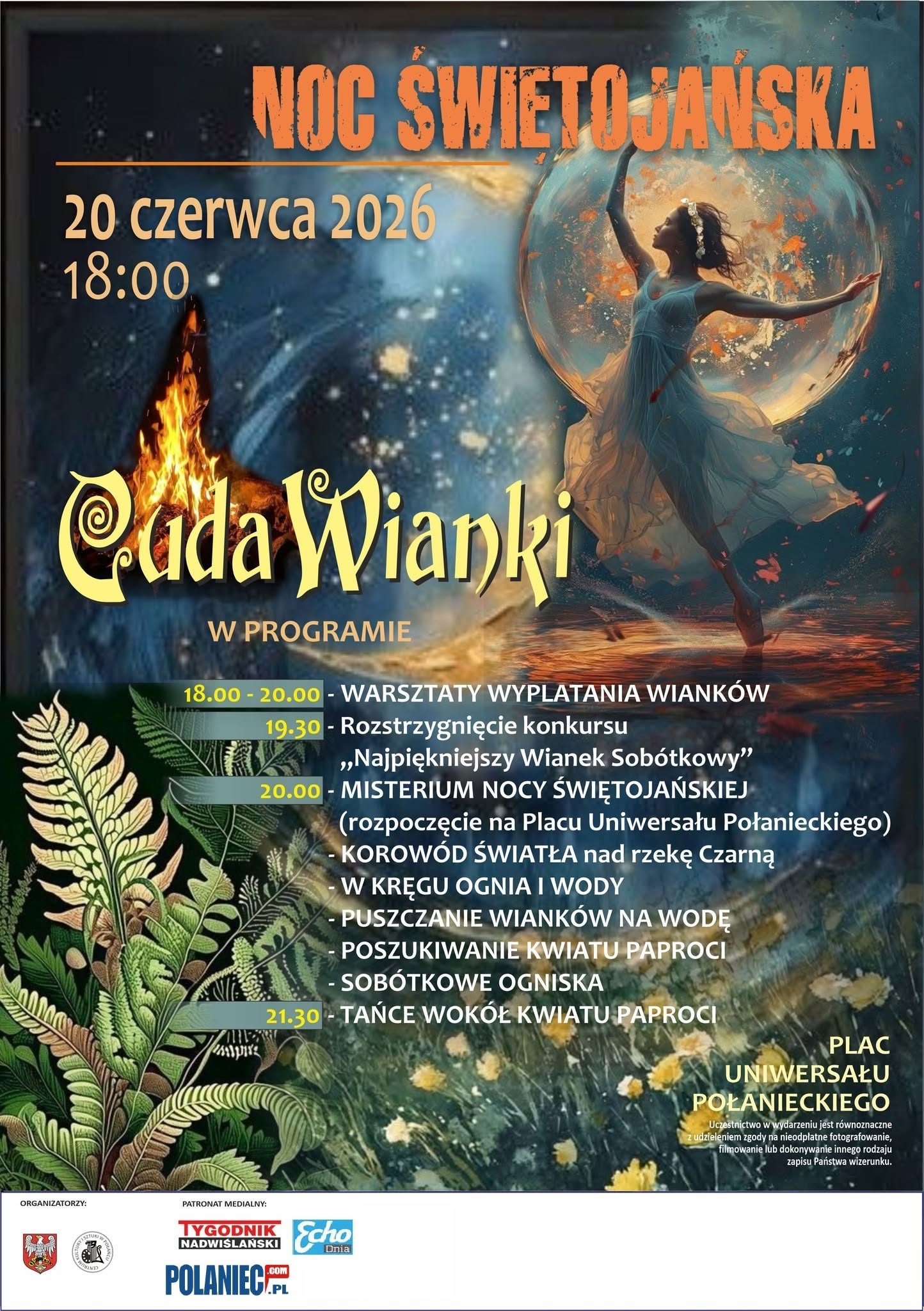 Plakat wydarzenia "Cuda wianki" w&nbsp;Połańcu - termin i&nbsp;harmonogram imprezy, logo organizator&oacute;w i&nbsp;patronatu medialnego 