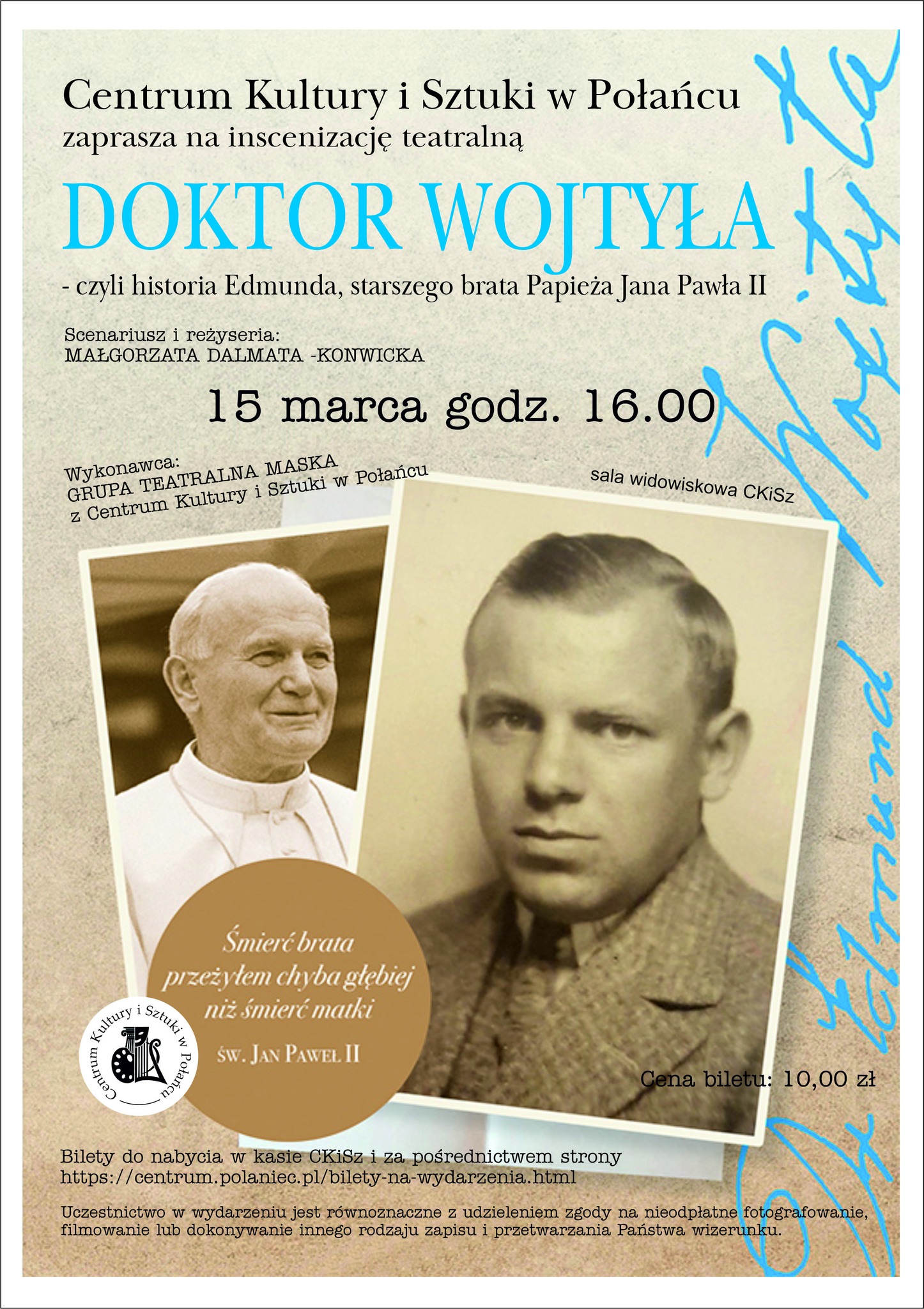 Plakat wydarzenia teatralnego "Doktor Wojtyła" - data wydarzenia, wizerunek papieża i&nbsp;jego brata Edmunda