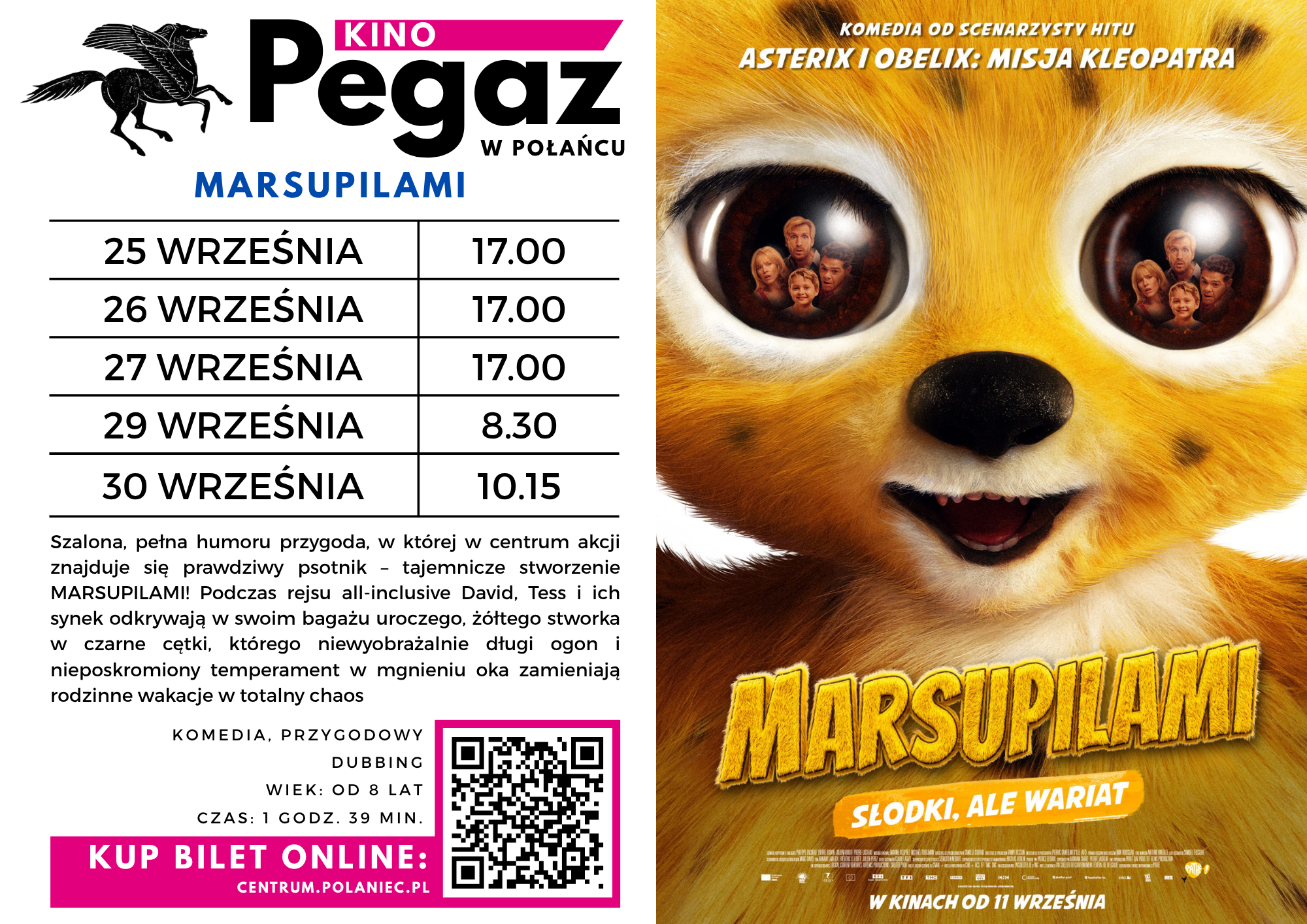 Plakat filmu "Marsupilami" po prawej, po lewej nazwa  filmu, opis filmu, terminy seans&oacute;w w&nbsp;kinie "Pegaz", kod qr