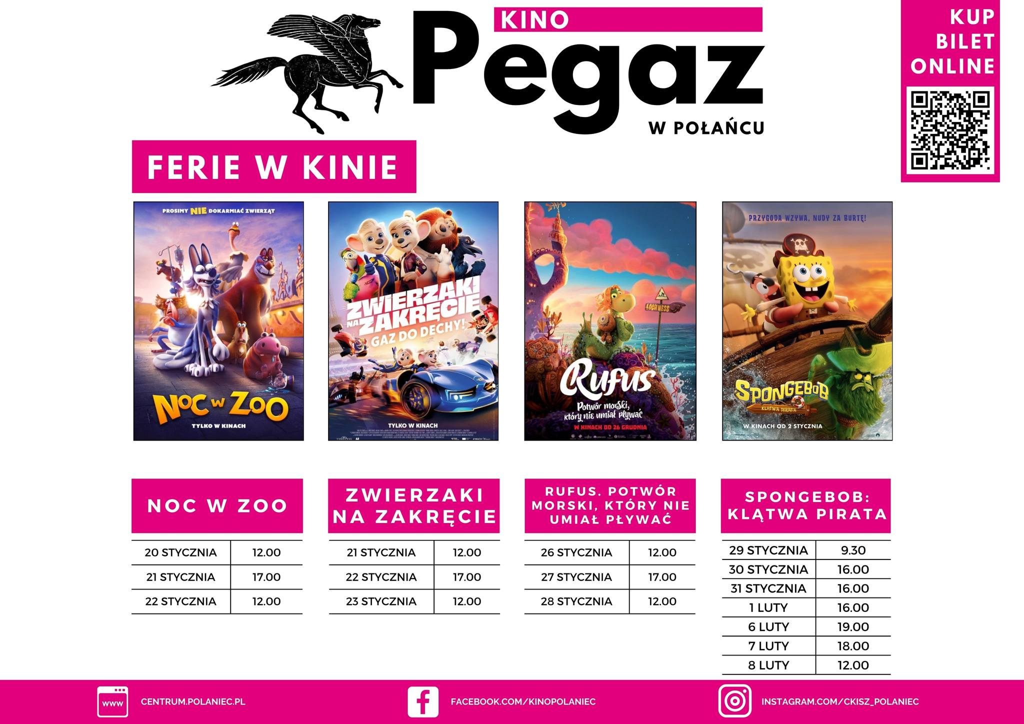 Plakat ferii w&nbsp;kinie "Pegaz" - plakaty proponowanych film&oacute;w; daty i&nbsp;godziny seans&oacute;w