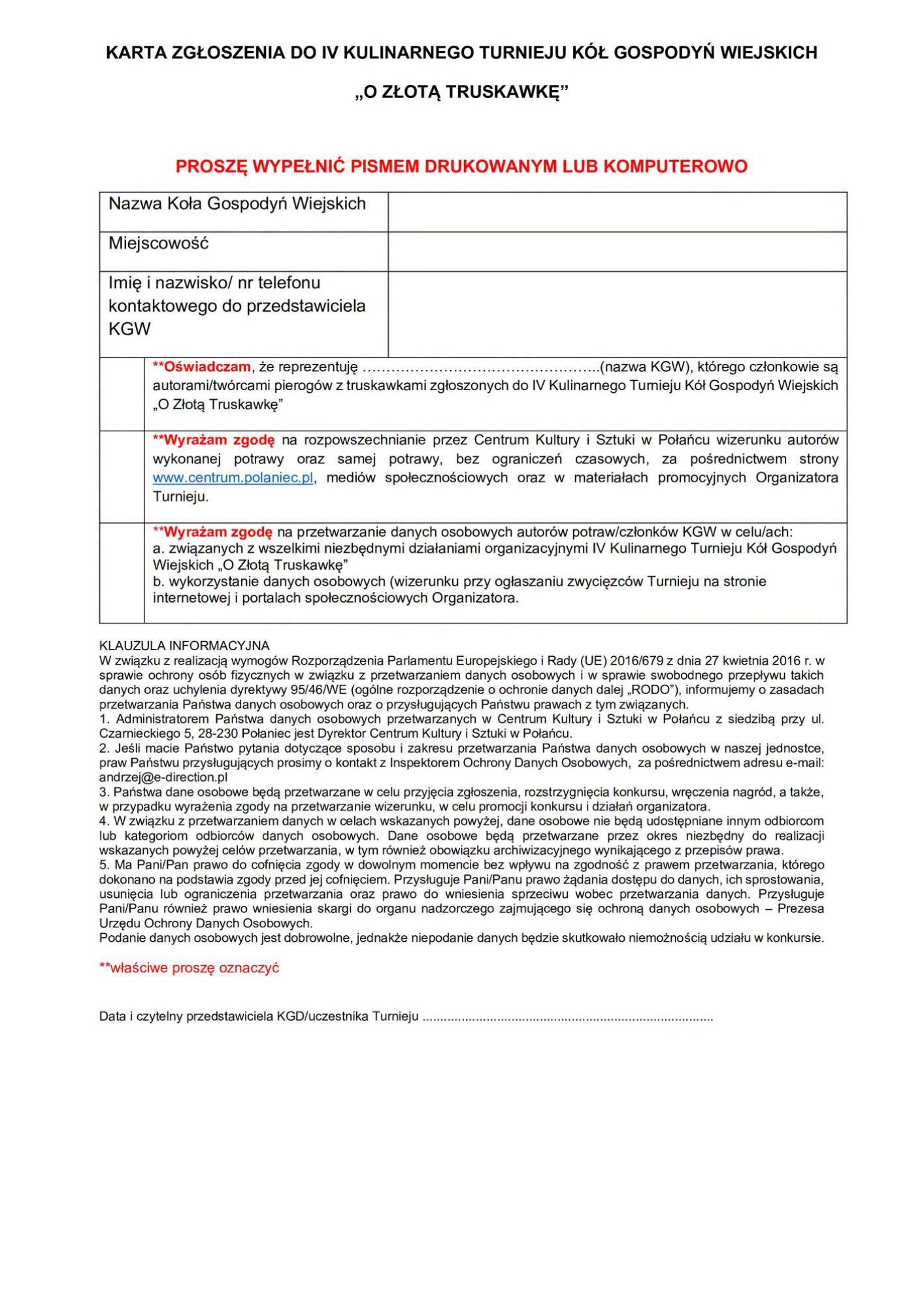 Karta zgłoszenia na&nbsp;turniej kulinarny KGW 