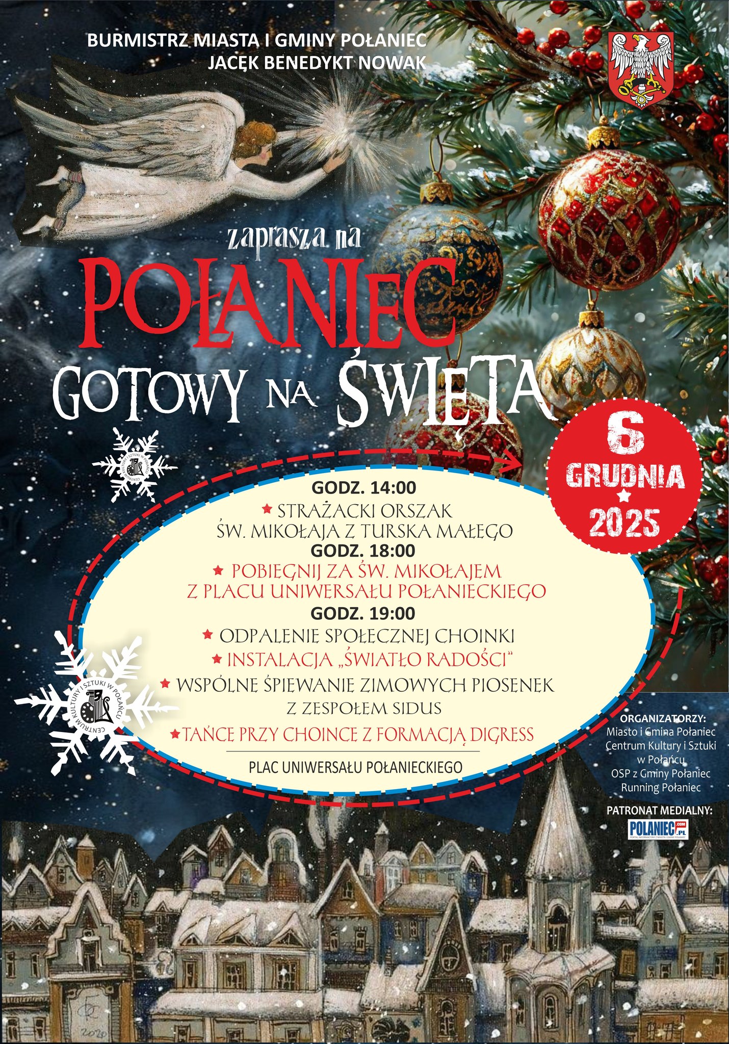 Plakat ingformujący o&nbsp;wydarzeniu "Połaniec gotowy na&nbsp;święta", data i&nbsp;program wydarzenia, logo sponsor&oacute;w