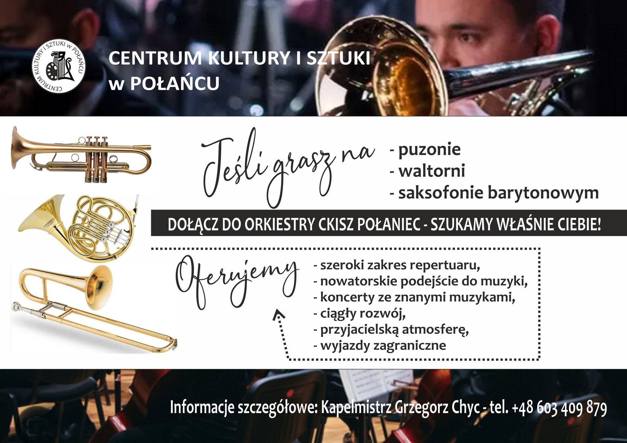 Plakat informujący o&nbsp;poszukiwaniu muzyk&oacute;w do orkiestry dętej, szczeg&oacute;łowe informacje
