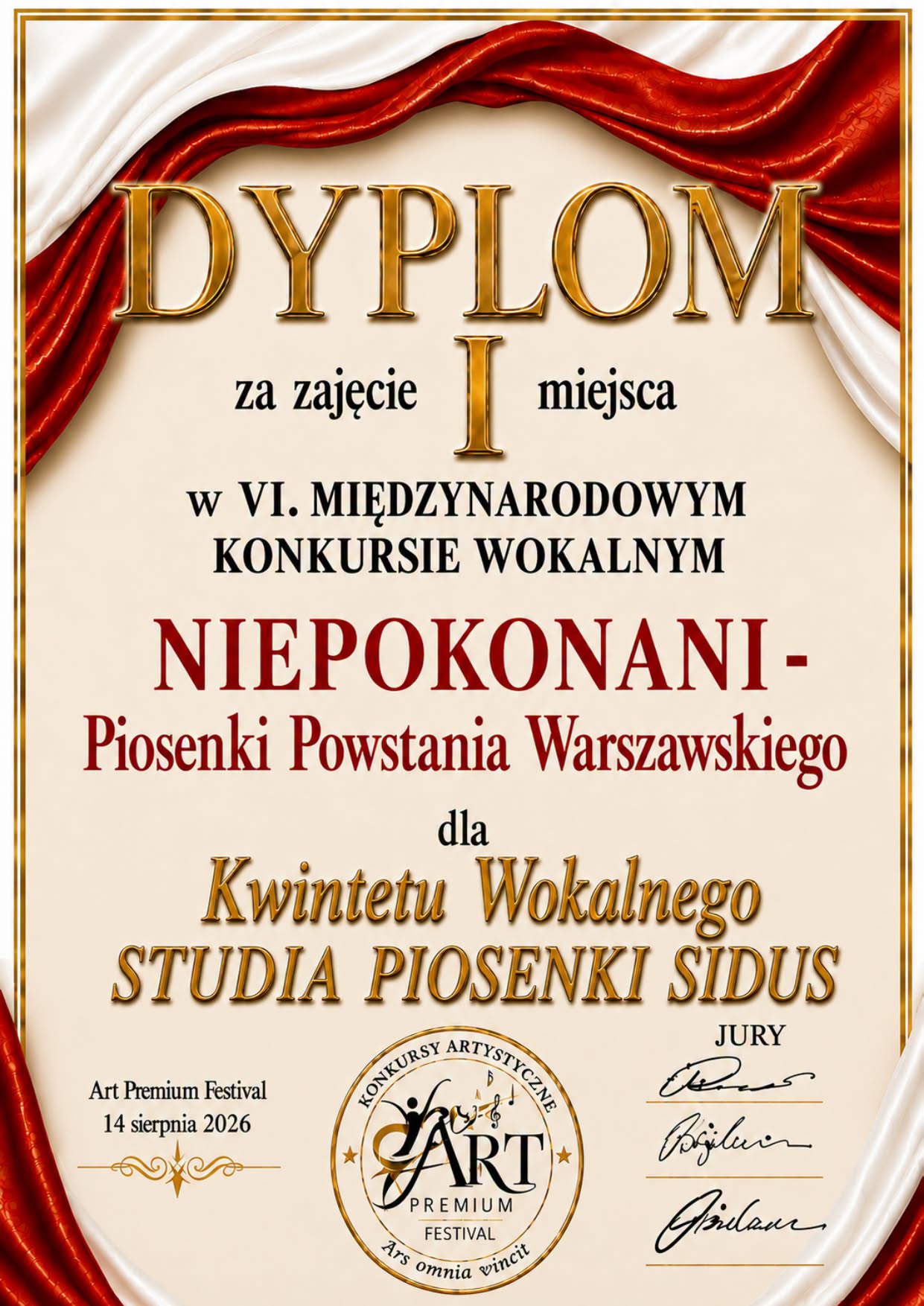 Dyplom za zajęcie I miejsca przez Kwintet Wokalny Studia Piosenki SIDUS w&nbsp;VI Międzynarodowym Konkursie Wokalnym &bdquo;Niepokonani &ndash; Piosenki Powstania Warszawskiego&rdquo;.