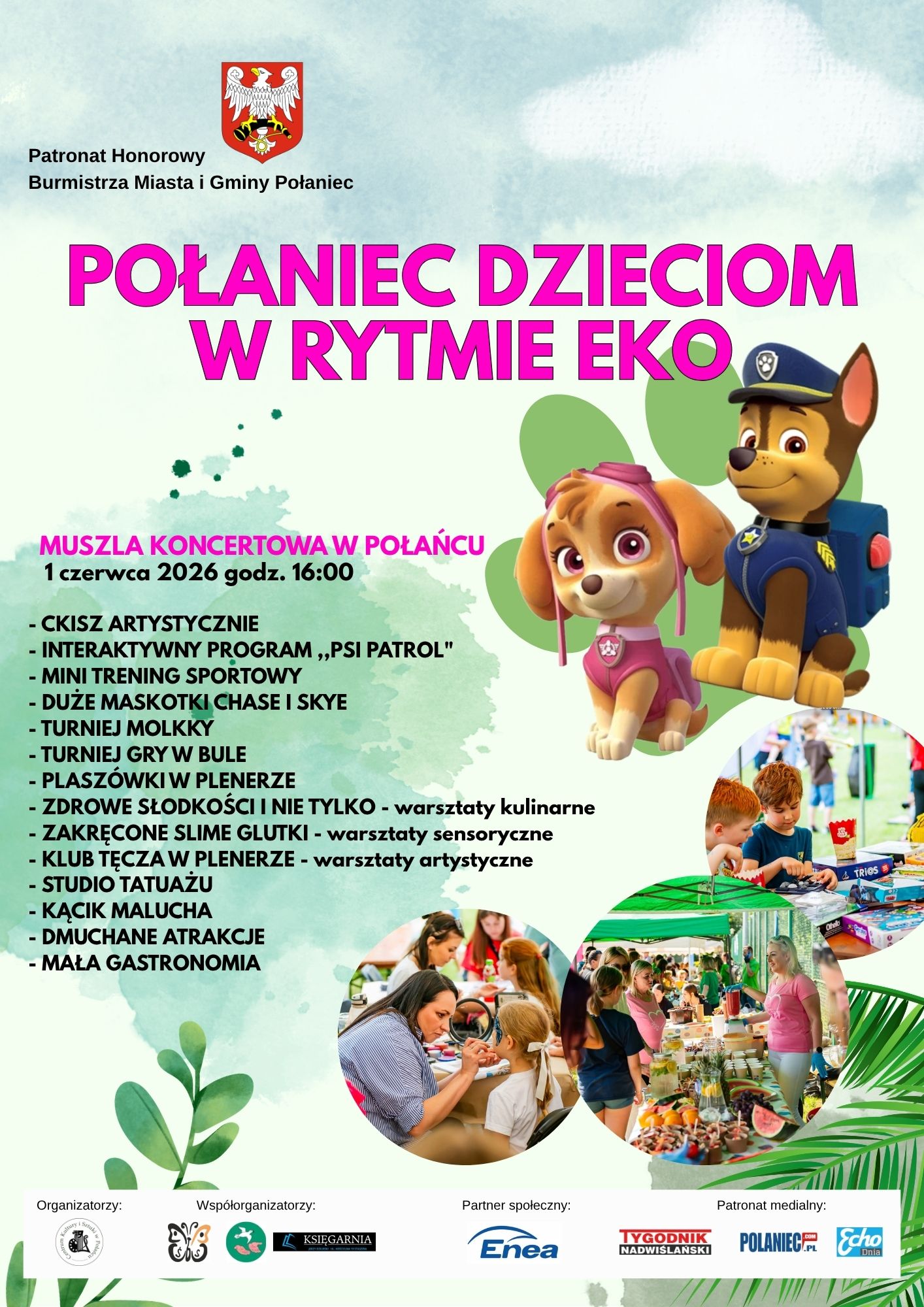 Plakat informacyjny wydarzenia "Połaniec dzieciom w&nbsp;rytmie eko",  szczeg&oacute;ły wydarzenia, termin i&nbsp;miejsce, logo organizator&oacute;w i&nbsp;medi&oacute;w