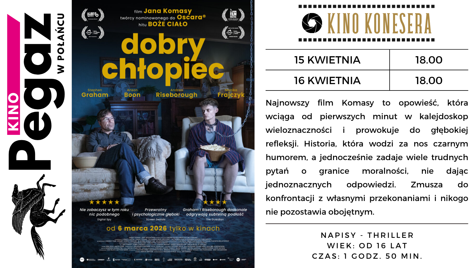 Plakt filmu "Dobry chłopiec", daty seansu w&nbsp;kinie "Pegaz"
