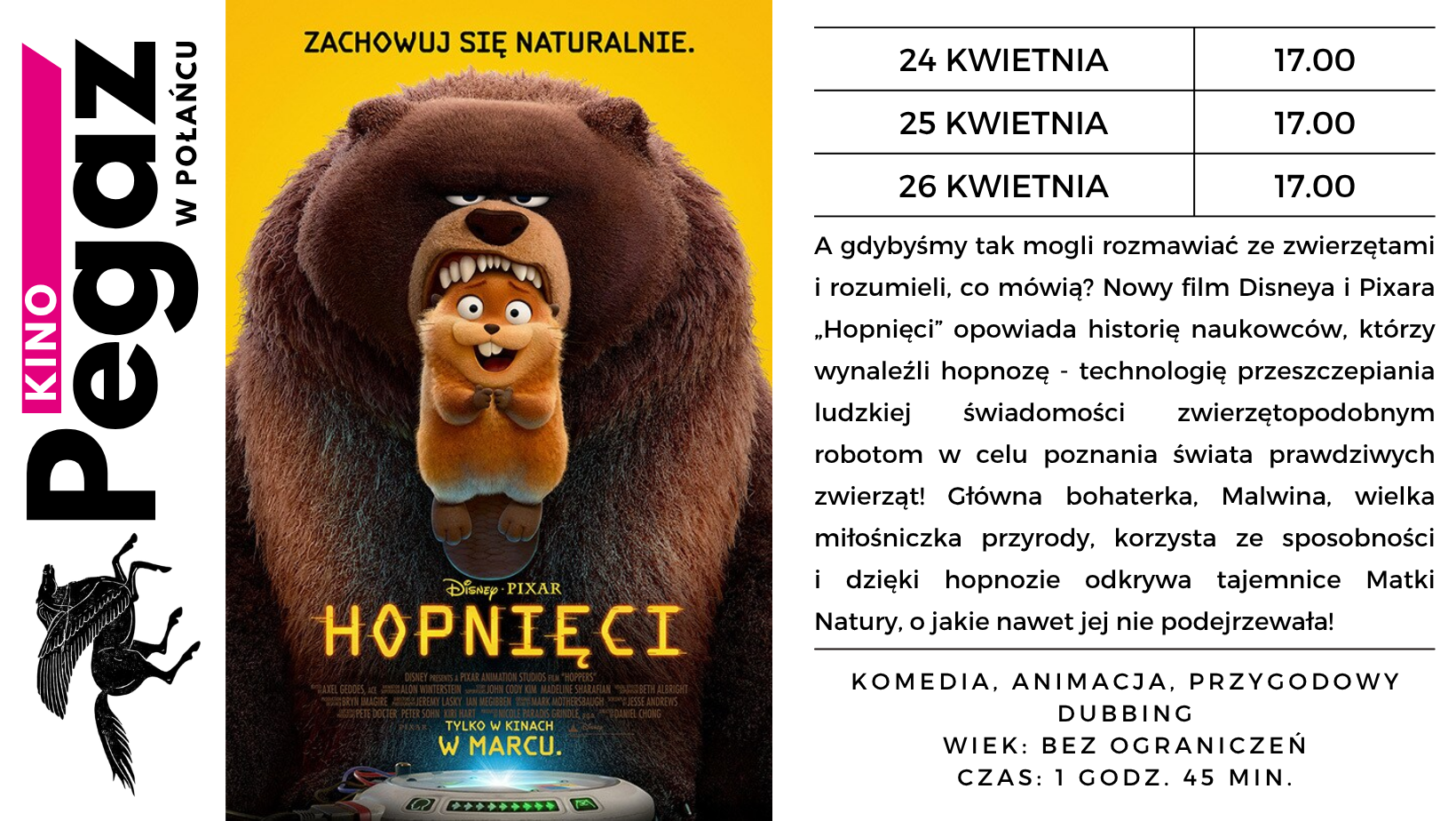 Plakat filmu "Hopnięci"; terminy seans&oacute;w w&nbsp;kinie "Pegaz" w&nbsp;Połańcu