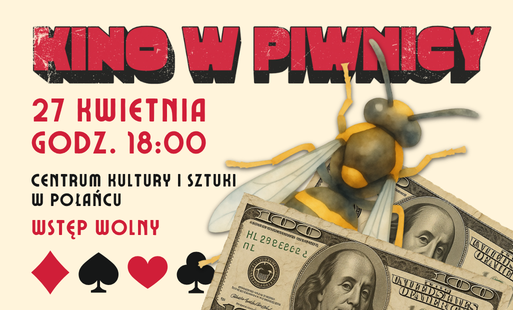 Napis "Kino w piwnicy", termin seansu (27 kwietnia godz. 18.00)