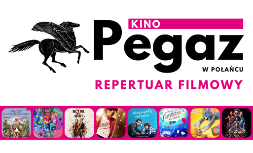 Plakaty filmów wyświetlanych w kinie Pegaz w Połańcu, logo kina, różowy napis "Repertuar filmowy - maj"
