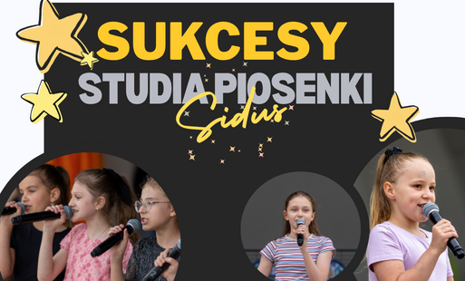 Złoty napis "Sukcesy studia piosenki Sidus", wizerunek dzieci, które brały udział w konkursie