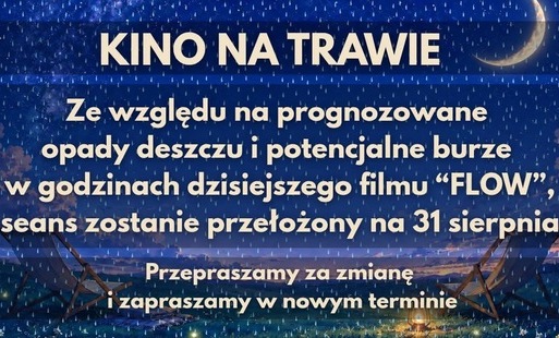 Miniatura wpisu - komunikat „Ze względu na prognozowane opady deszczu i potencjalne burze w godzinach dzisiejszego filmu „Flow”seans zostanie przełożony na 31 sierpnia” 
