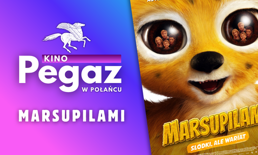 Miniatura wpisu - plakat filmu "Marsupilami", przedstawiający żółtą maskotkę z brązowymi oczami; do lewej stroie  na fioletowo-niebieskim tle widnieje logo i nazwa kina "Pegaz", a pod spodem biały napis Marsupilami