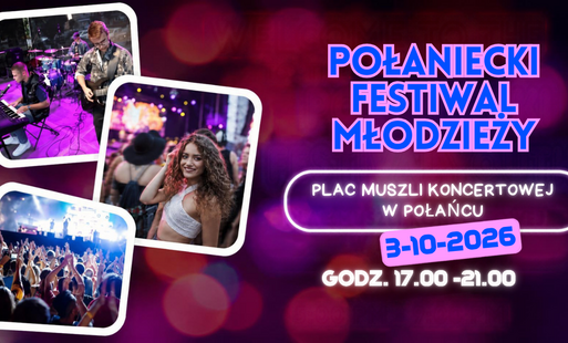 Plakat w intensywnej, fioletowo-różowej kolorystyce zaprasza na „Połaniecki Festiwal Młodzieży”, który odbędzie się 3 października 2026 roku na Placu Muszli Koncertowej w Połańcu, w godzinach 17:00–21:00.