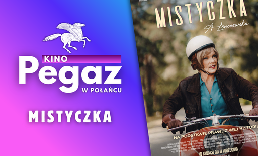 Miniatura wpisu - białe logo kina -Pegaz i nazwa kina, poniżej tytuł filmu "Mistyczka" na fioletowo-niebieskim tle. Po prawej stronie plakat filmu - kobieta w kasku na rowerze na tle drzew