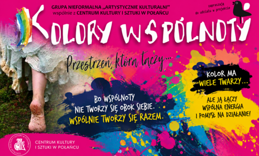 Miniatura projektu „Kolory Wspólnoty – przestrzeń, która łączy” w intensywnej, różowej kolorystyce, z wielobarwnymi plamami i rozbryzgami farby oraz logo Centrum Kultury i Sztuki w Połańcu.