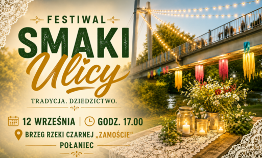 Miniatura Festiwalu „Smaki Ulicy” z grafiką mostu nad rzeką Czarną, kolorowymi dekoracjami i informacjami: data i miejsce wydarzenia.