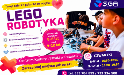Miniatura promująca zajęcia LEGO® Robotyka w Centrum Kultury i Sztuki w Połańcu. W grafice widoczne są dzieci budujące konstrukcje z klocków oraz napis „LEGO Robotyka”.