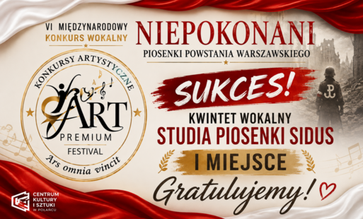 Miniatura informująca o sukcesie Kwintetu Wokalnego Studia Piosenki SIDUS – I miejscu w VI Międzynarodowym Konkursie Wokalnym „Niepokonani”. Na grafice widoczne jest logo konkursu i napis „Gratulujemy!”.