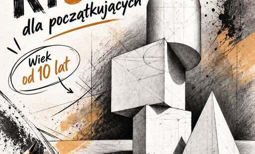 Miniatura wpisu - napis "Kurs rysunku";  grafika przedstawiająca ołówek i fragment szkicu bryły geometrycznej