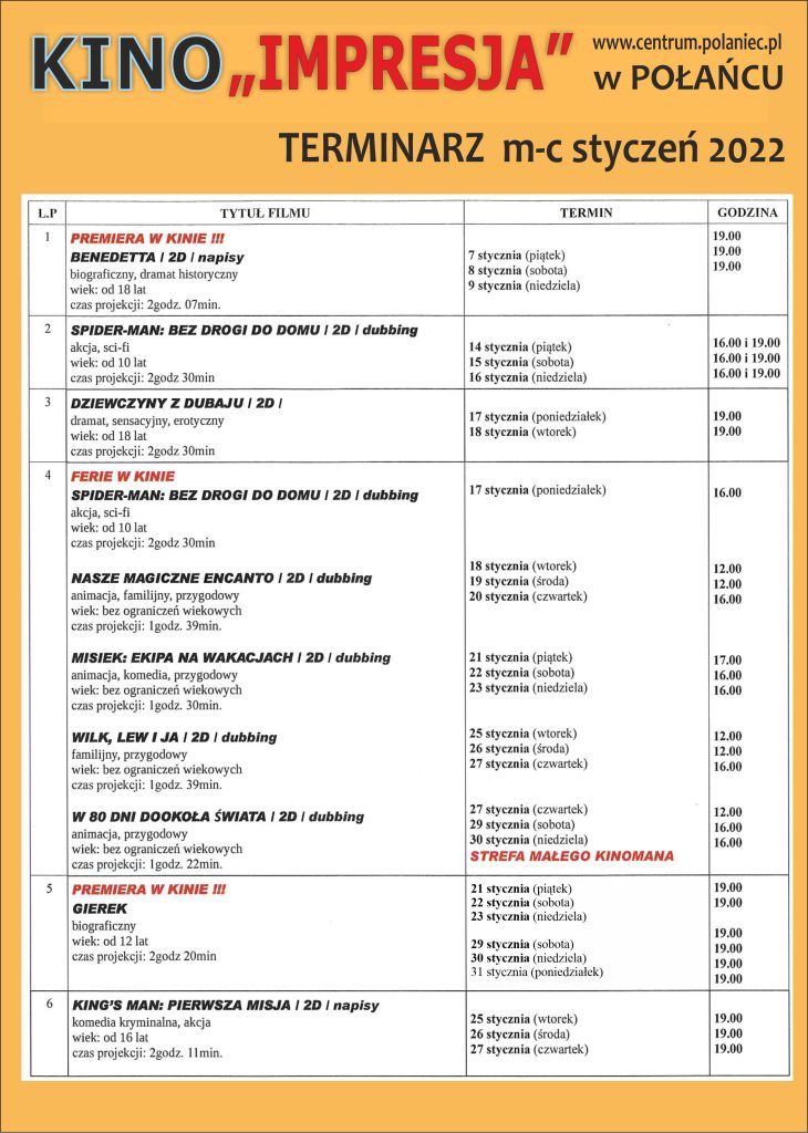 Plekat propozycje kinowe na styczeń