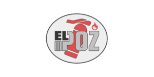 Logo z gaśnicą w kolorze czerwonym i napis czarno - szary z napisem ELPOŻ