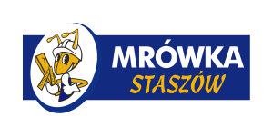 Logo z Mrówką w kolorze granatowo biało żółtym z napisem Mrówka Staszów