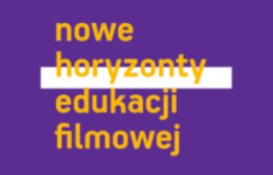 na fioletowo białym tle zółty napis o tresci nowe horyzonty edukacji filmowej