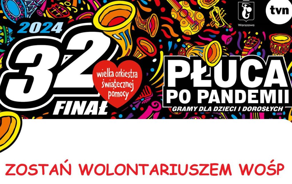 Na zdjęciu napis "32.płuca do pandemii. Zostań wolontariuszem WOŚP" oraz serduszko WOŚP