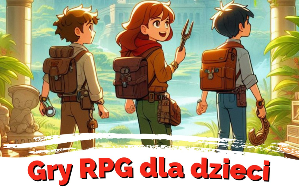 Na zdjęciu tytuł plakatu - RPG dla dzieci i troje dzieci w wersji animowanej