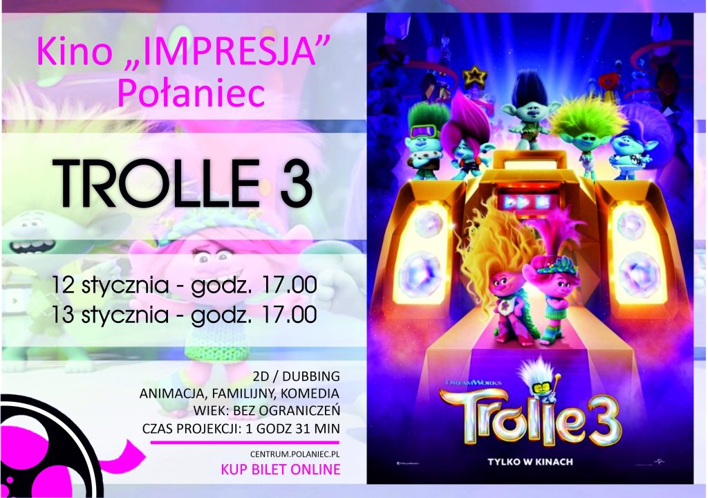 Plakat promujący film "Trolle 3" w Kinie "Impresja"