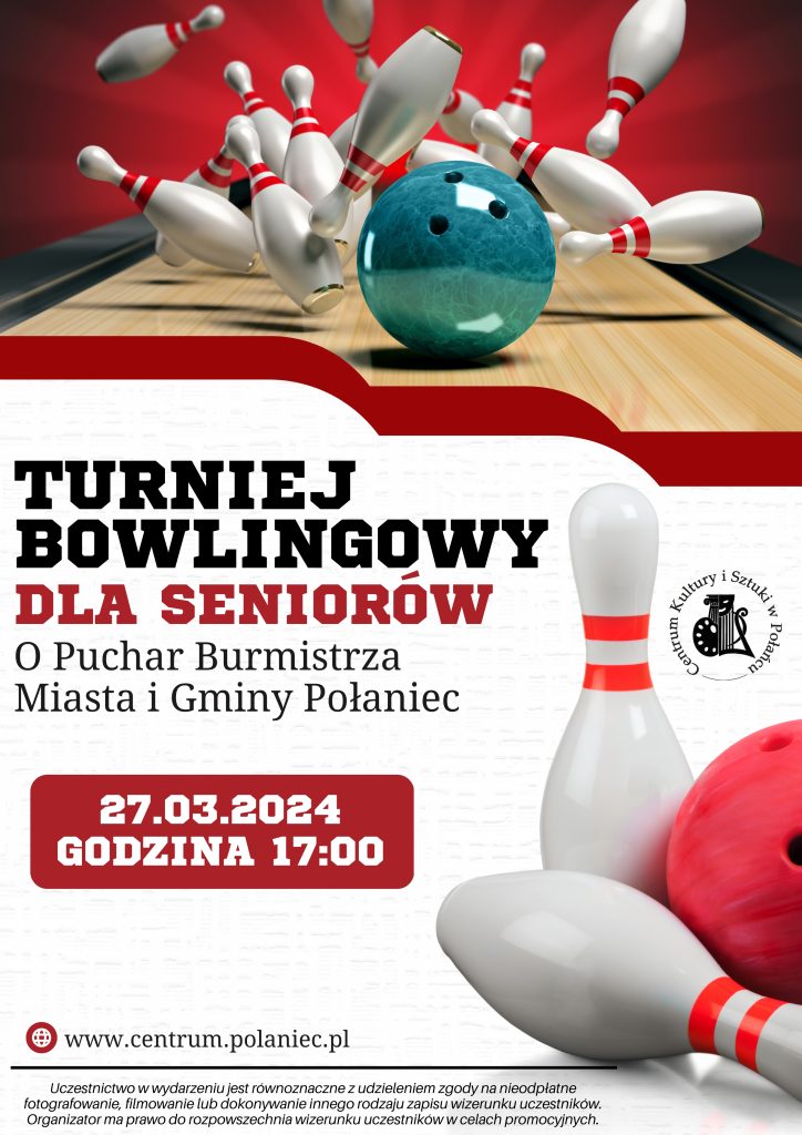 Plakat promujący turniej bowlingowy dla seniorów 27 marca o godz. 17.00 
